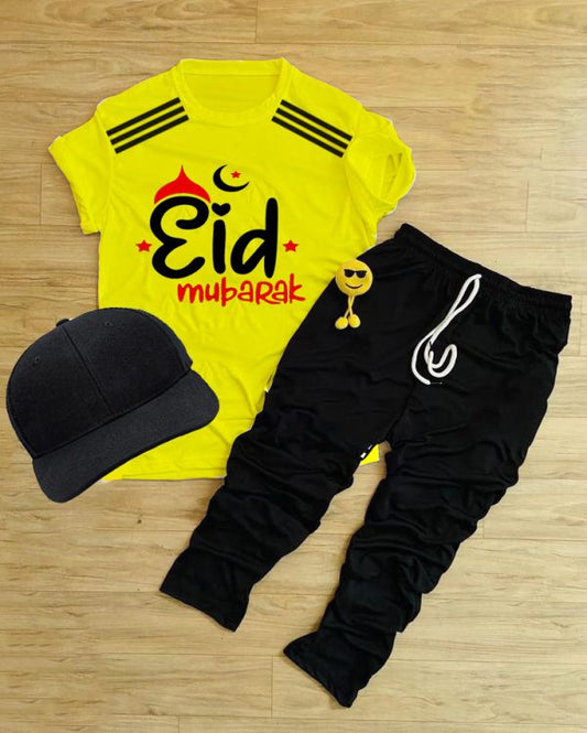 Pack Of 3 Eid Mubarak Yellow Tracksuite For Kid Shirt Trouser Cap