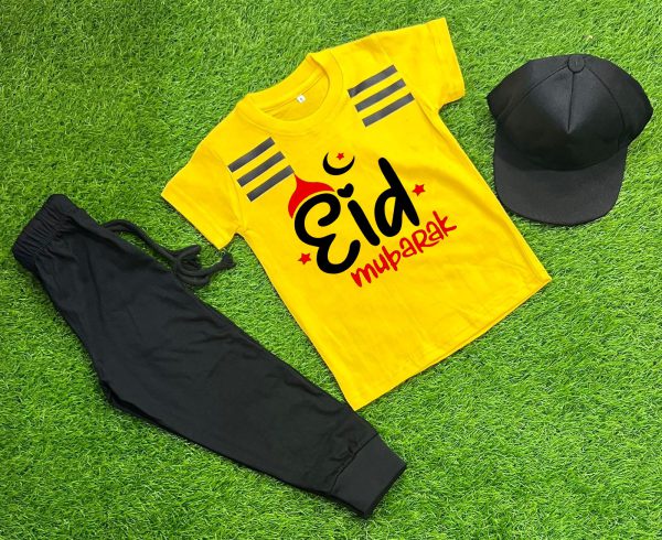 Pack Of 3 Eid Mubarak Yellow Tracksuite For Kid Shirt Trouser Cap